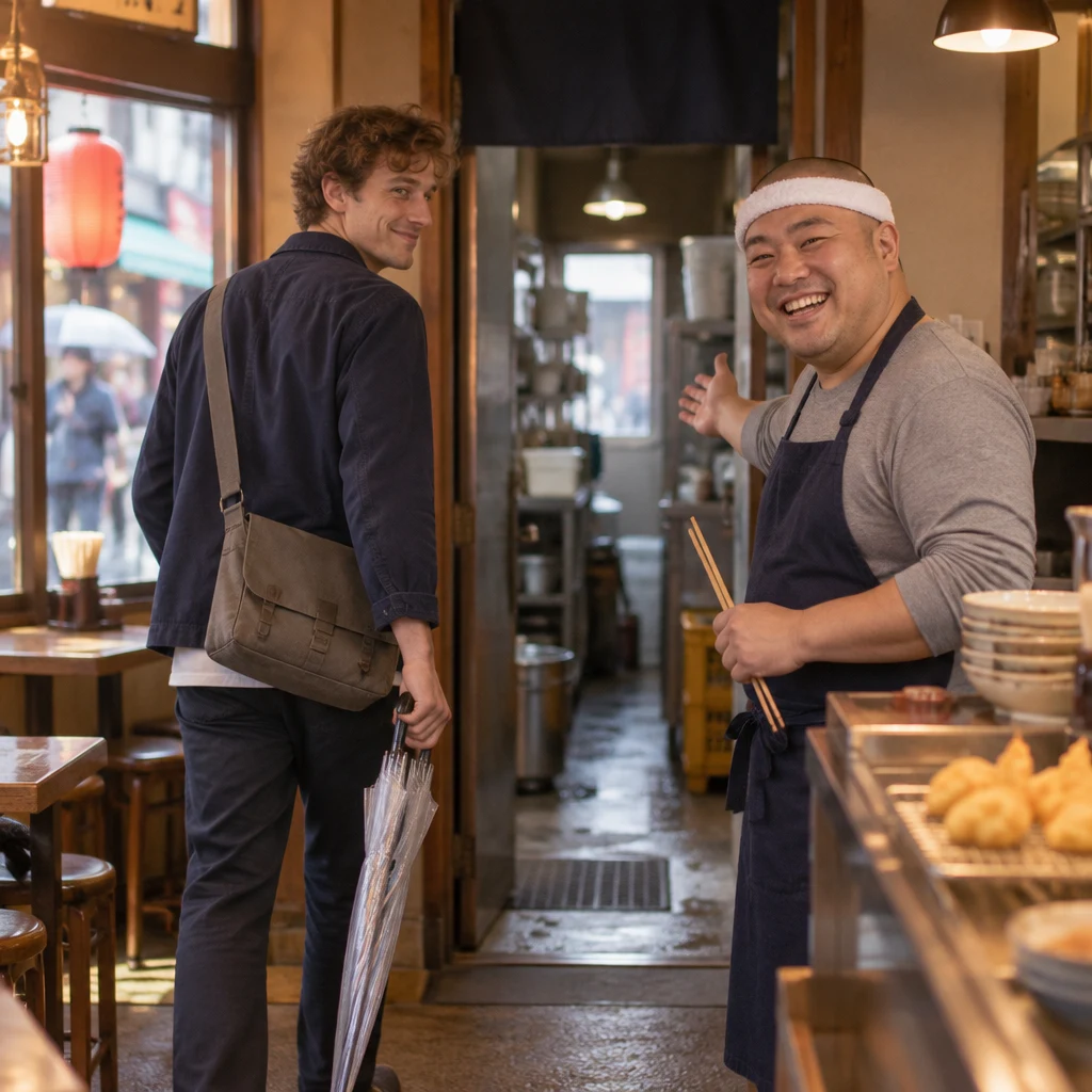 Leo heads toward the back of the shop to look at the recipe Kenta offered to show him.