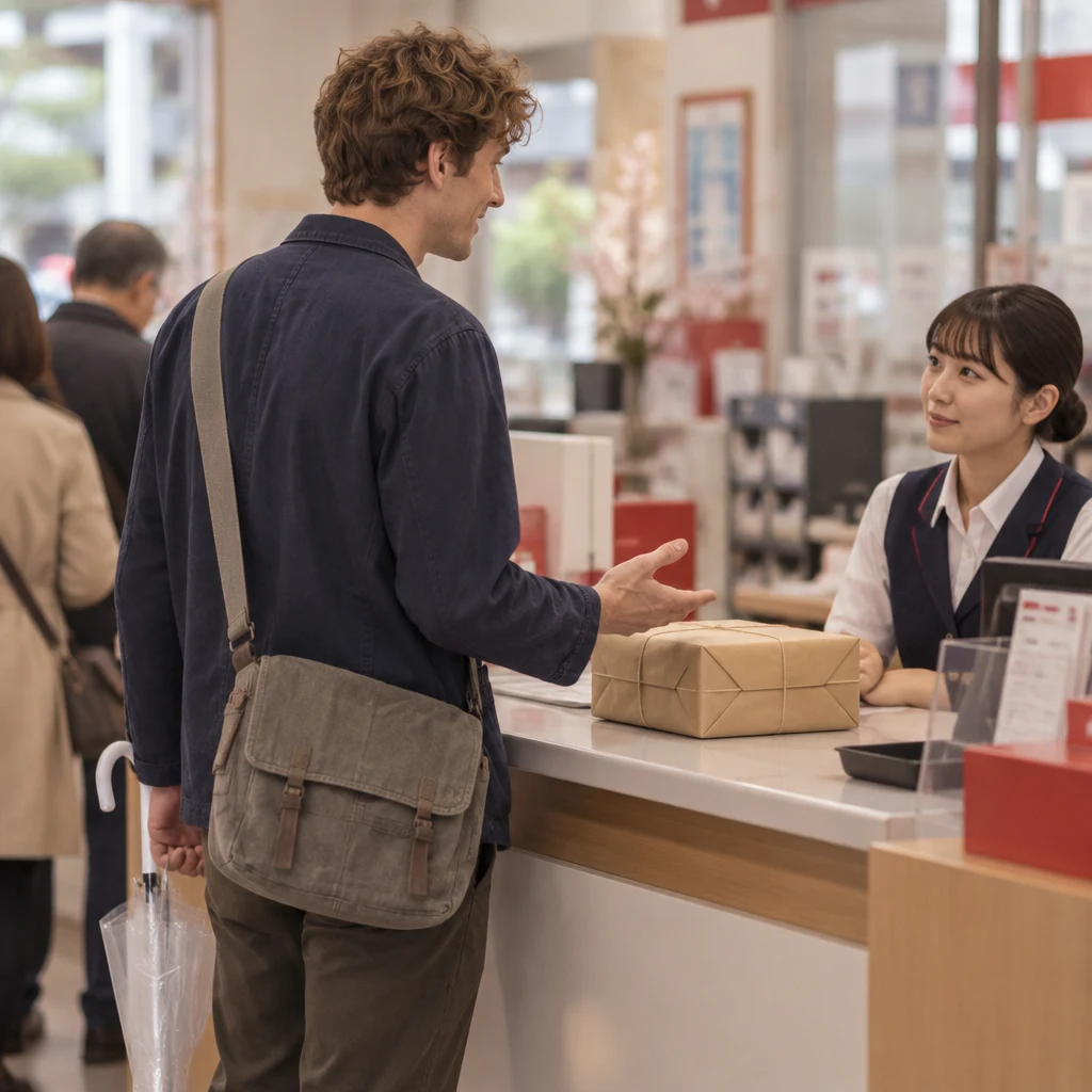 Leo presents his parcel at the post office counter and requests overseas delivery.