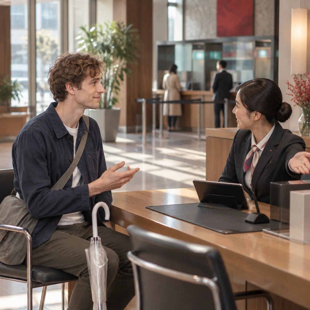 Leo asks a bank clerk about an account.