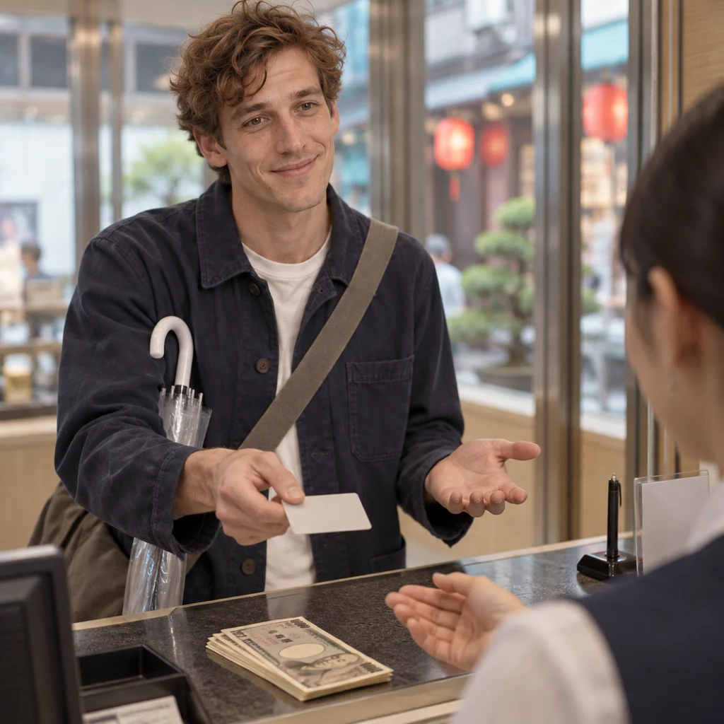 Leo holds out identification while asking whether it is needed for currency exchange.