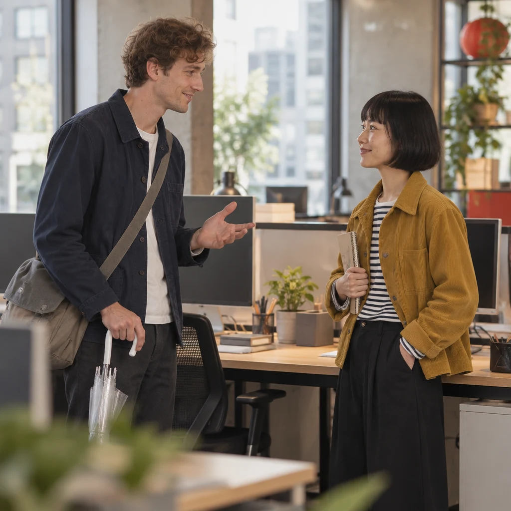 Earlier that morning, Leo tells Haruka that he has already informed a colleague about his planned day off.