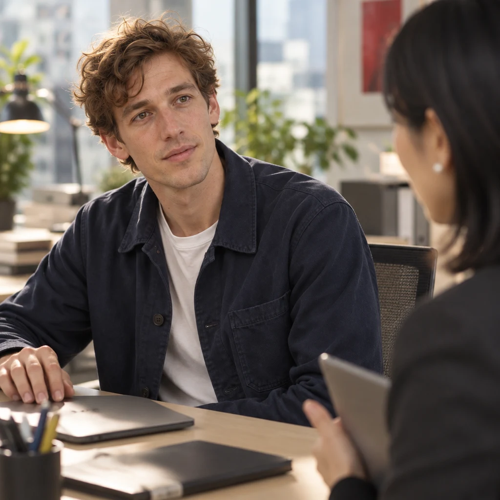 Leo looks up from his laptop with an attentive question for Mori-san.