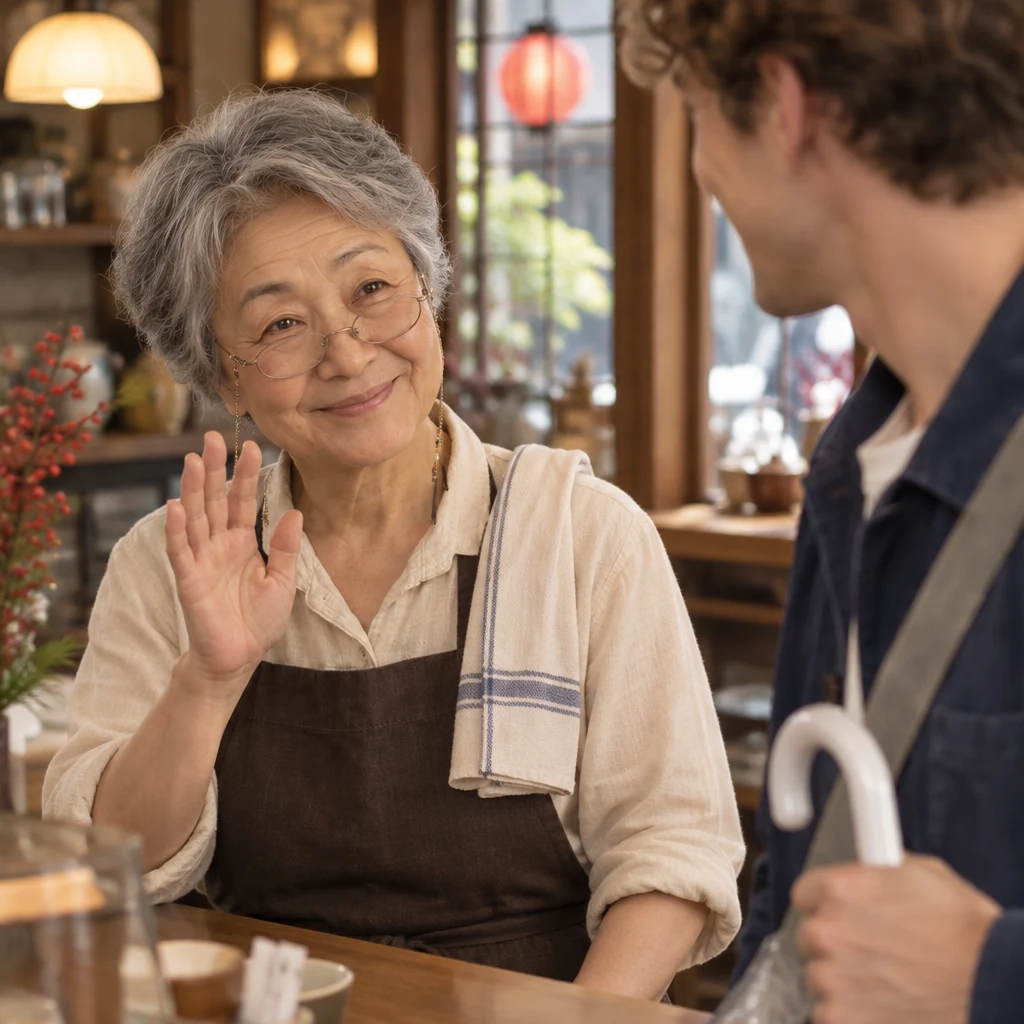 Masako warmly greets Leo at the café counter.
