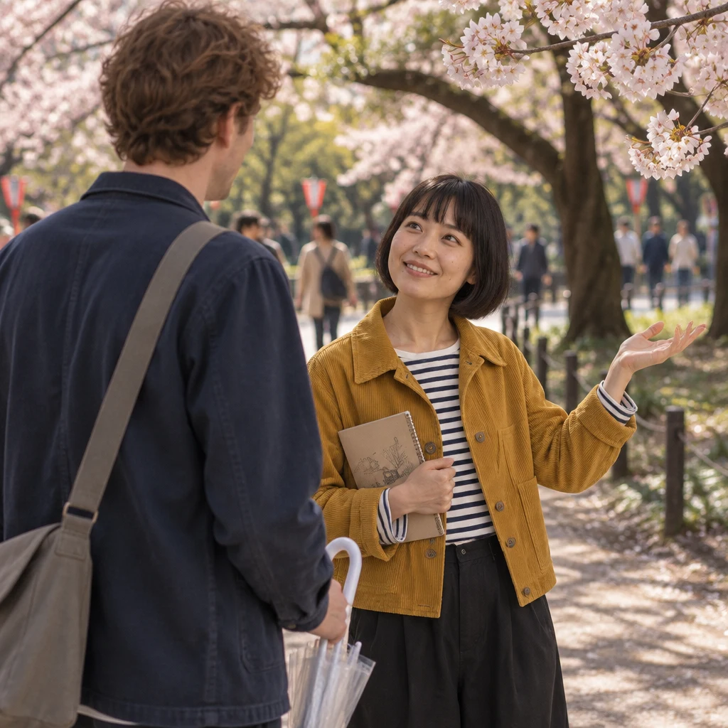 Haruka asks Leo about cherry-blossom viewing beneath the trees in Ueno Park.