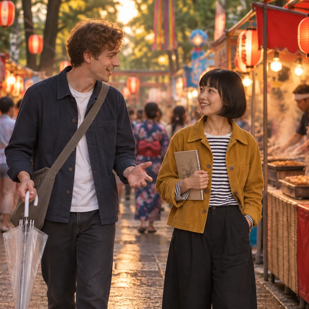 Leo expresses his wish to attend a summer festival while standing with Haruka near food stalls.