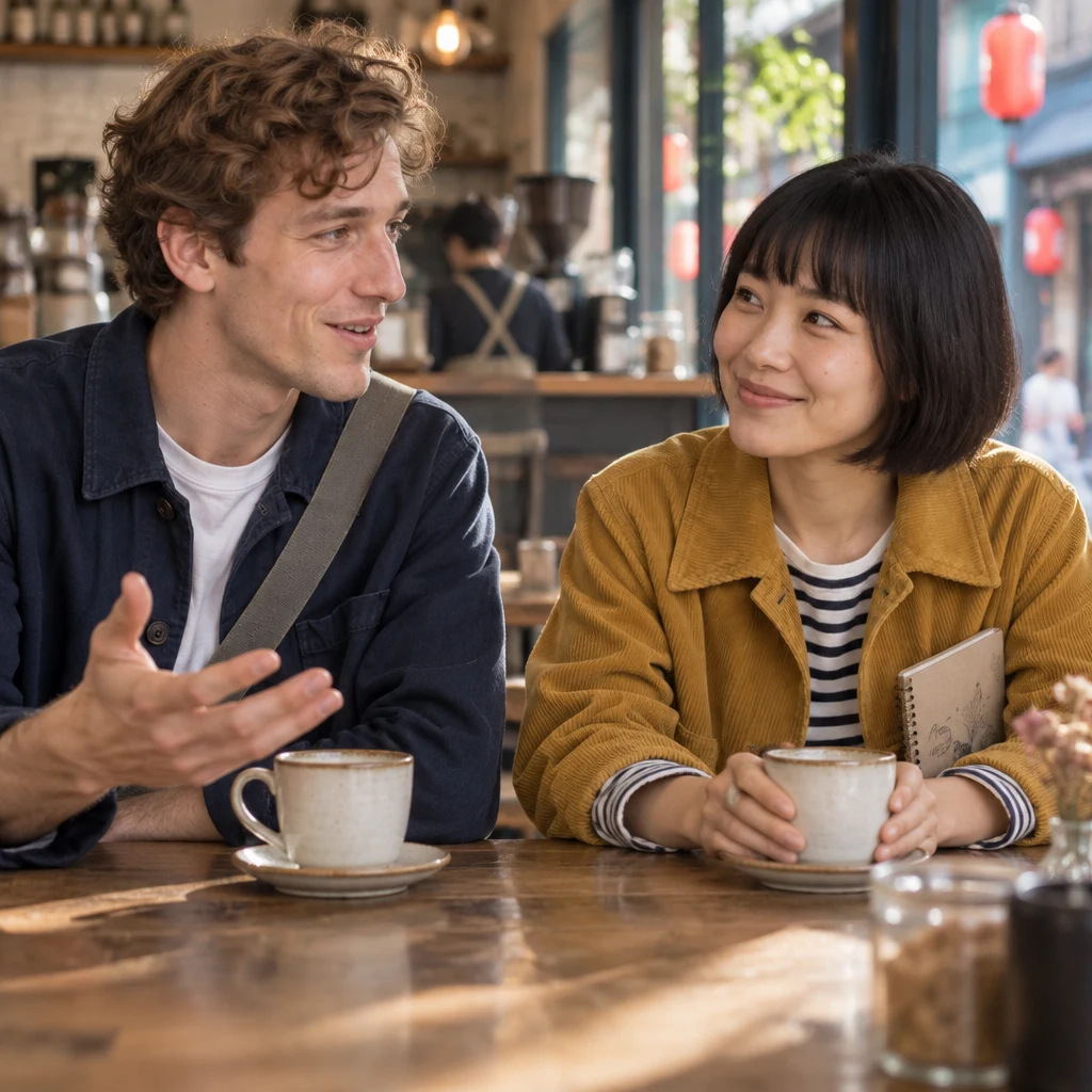 Leo asks Haruka how people spend Obon where he is from as they sit together at the café.