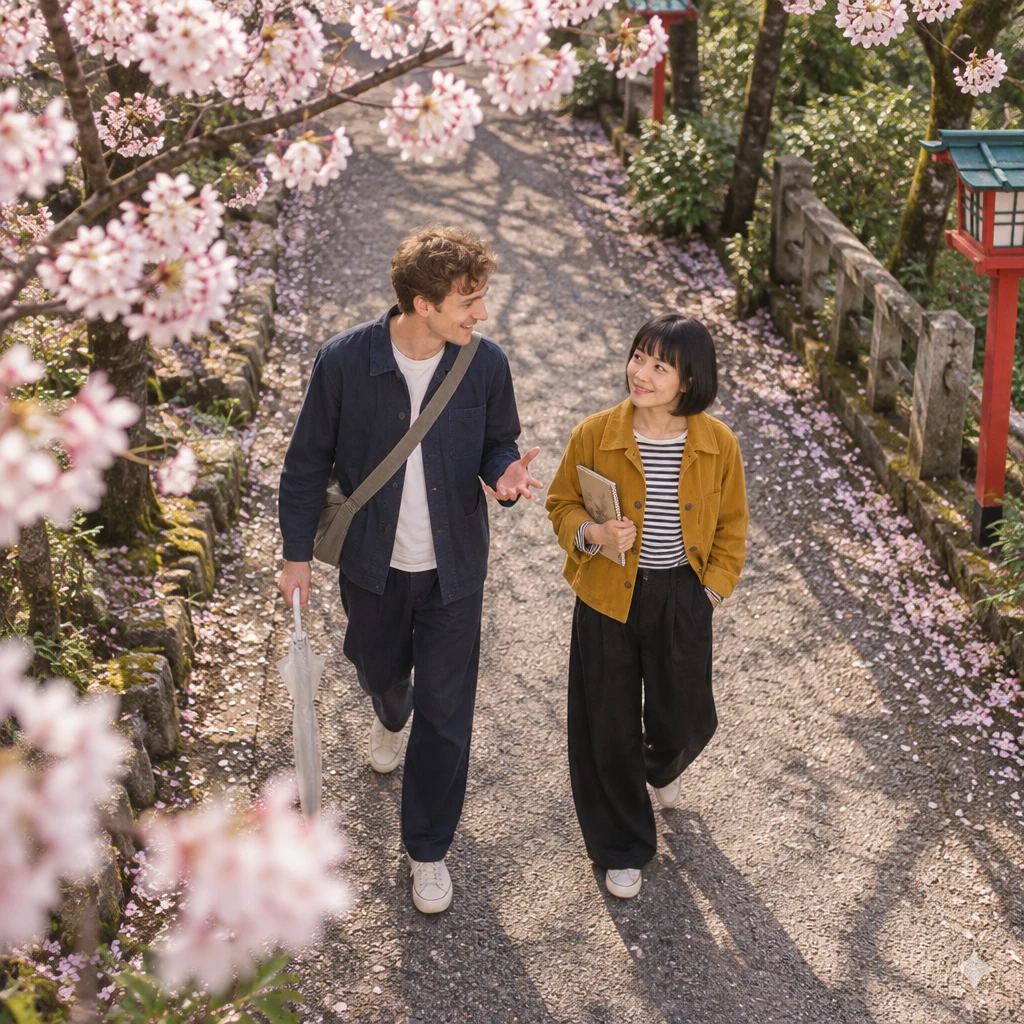 Leo tells Haruka he looks forward to the seasonal festivals as they walk beneath the cherry trees.