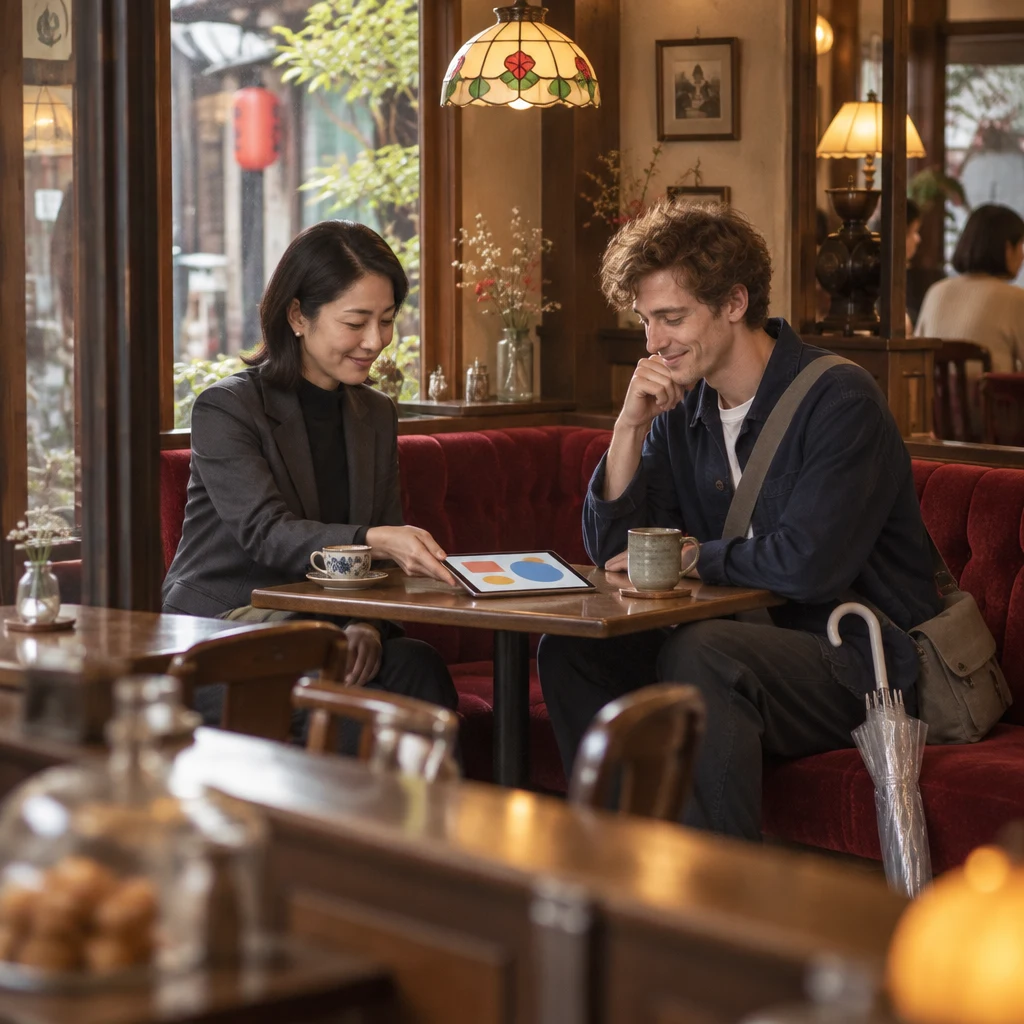 Mori-san sets the tablet between two mismatched cups as Leo gets ready to review the proposals.