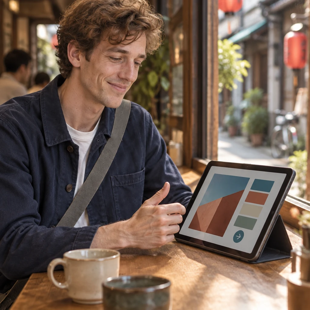Leo gestures approvingly at the clear, harmonious colors on the tablet.
