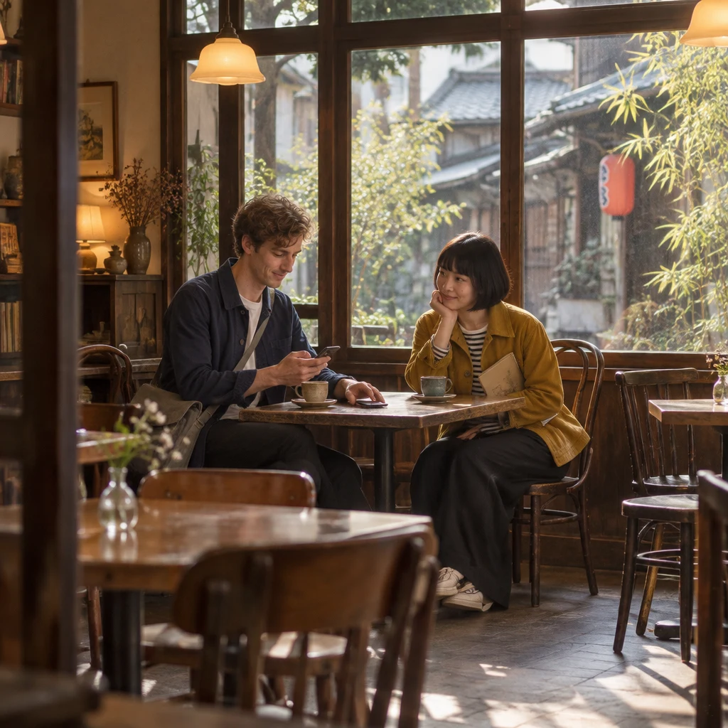 Leo unlocks his phone, then sets it between the cups while Haruka sits beside him.