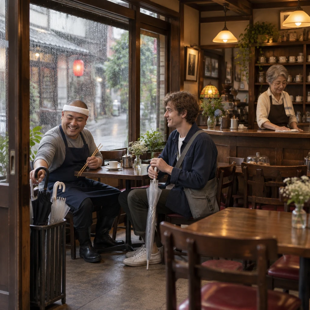 Kenta watches the umbrella stand while Leo sits across from him and Masako wipes the counter.