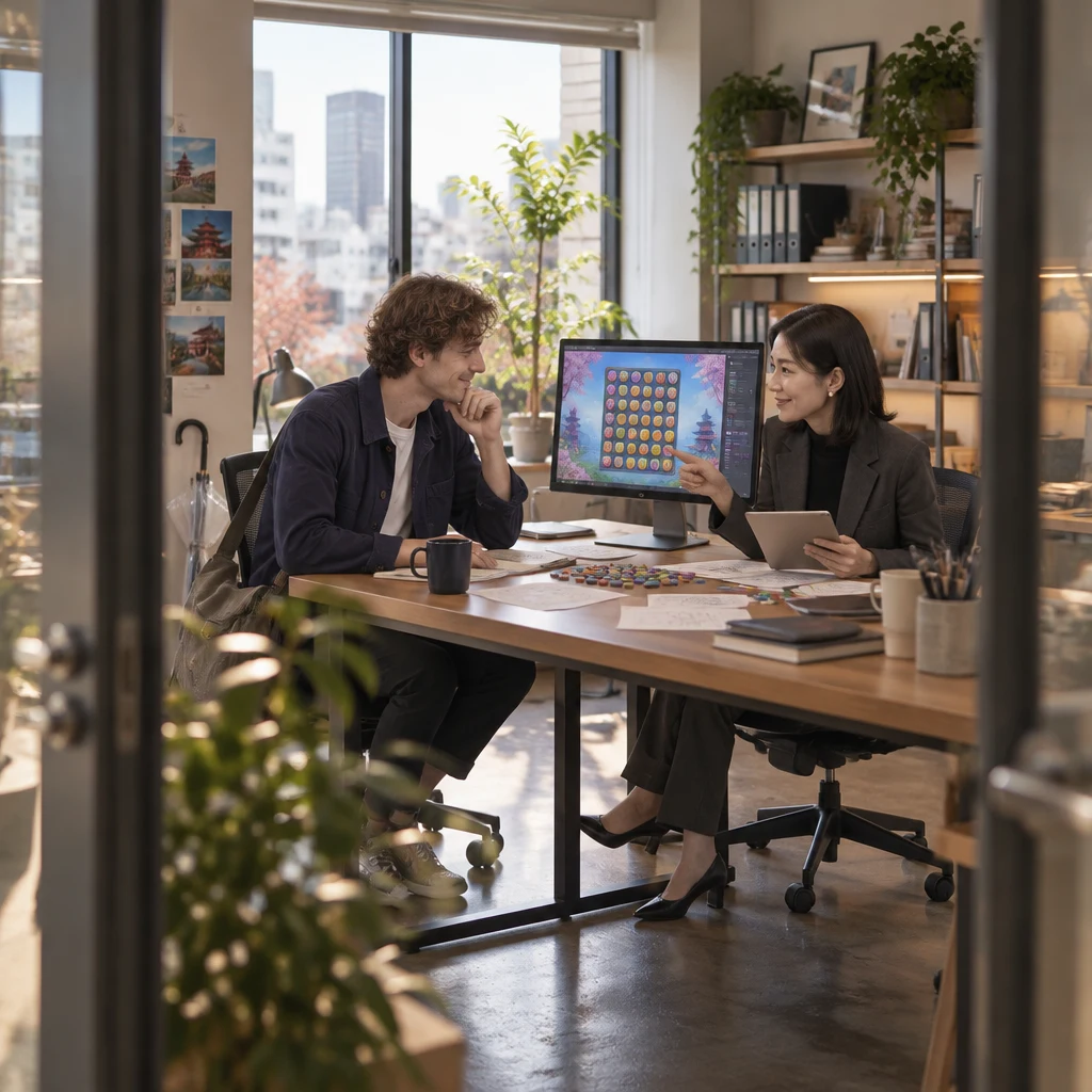 Leo and Mori-san review the puzzle game release plan together at the Ueno office.