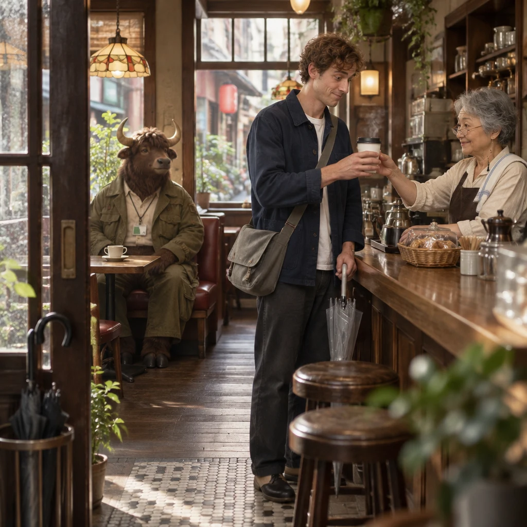 Leo receives a hot takeaway coffee from Masako while Goro sits beside his untouched coffee in the corner booth.