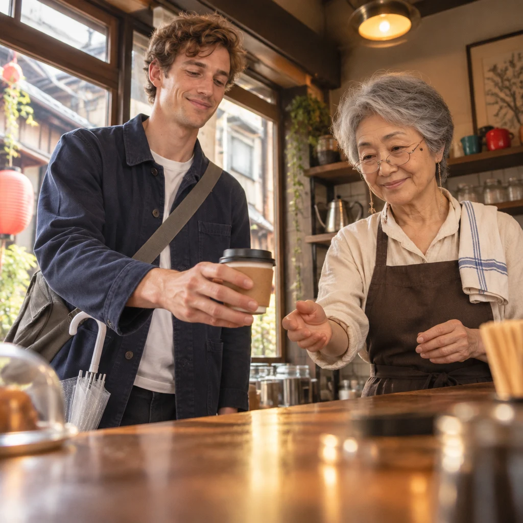 Leo politely asks Masako to exchange the hot coffee.