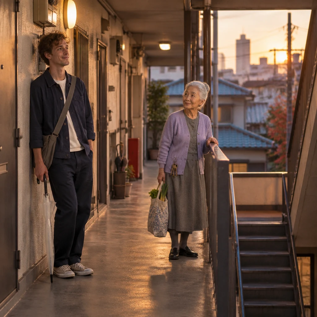 Leo hears the television through the apartment wall as Ono-san pauses on the shared landing with a shopping bag.