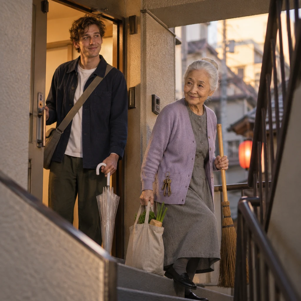 Leo thanks the neighbor at the open doorway as Ono-san starts down the stairs.
