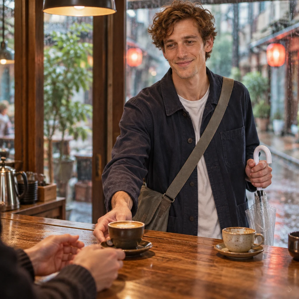 Leo offers the customer the freshly prepared replacement blend.