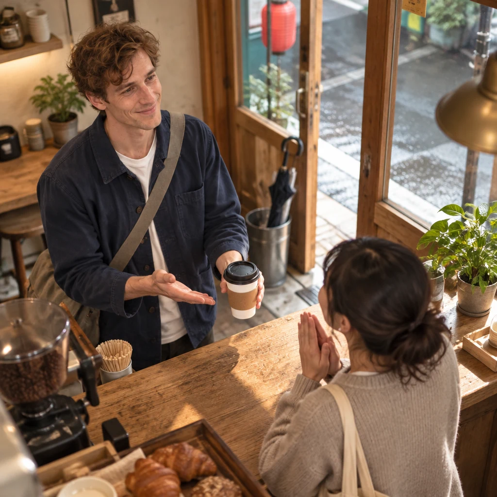 Leo lets the customer know the replacement blend is complimentary.