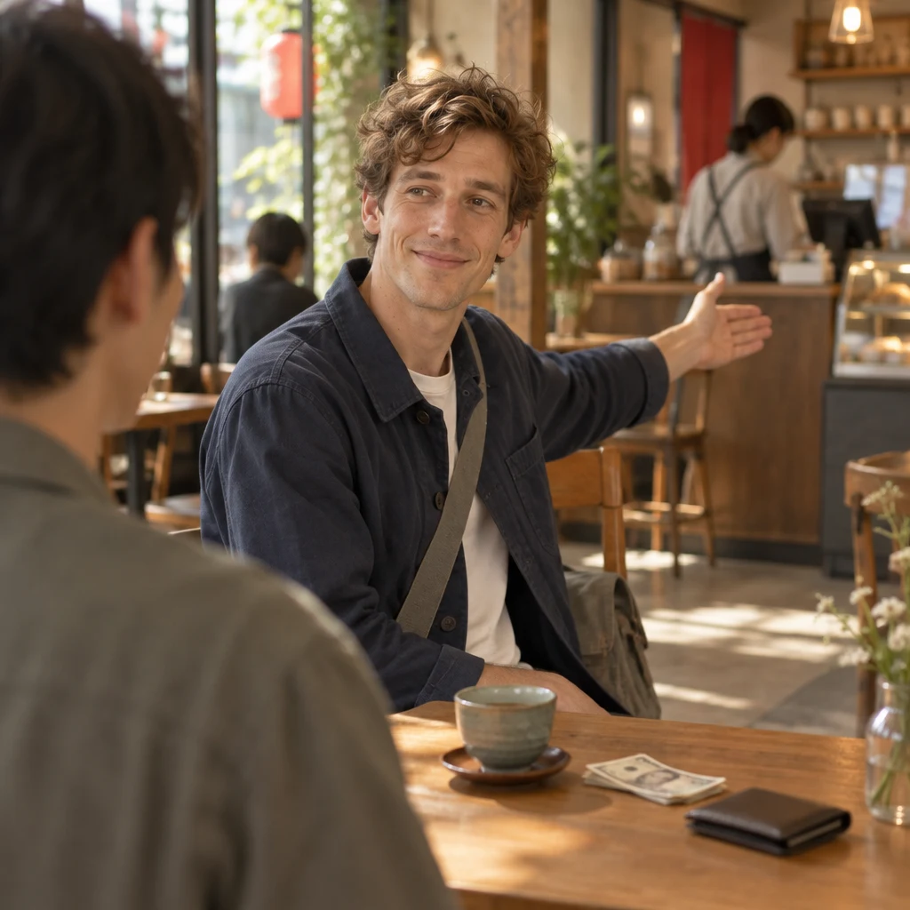 Leo gestures toward the register as the newcomer asks where to pay.