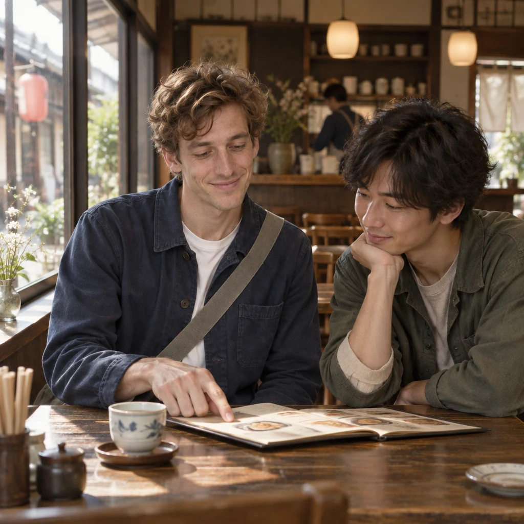 Leo and the newcomer look over the menu together before ordering tea.