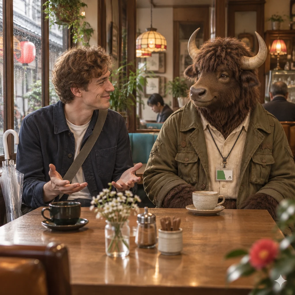 Leo invites the newcomer to ask whenever something is unclear, while Goro watches from the booth.
