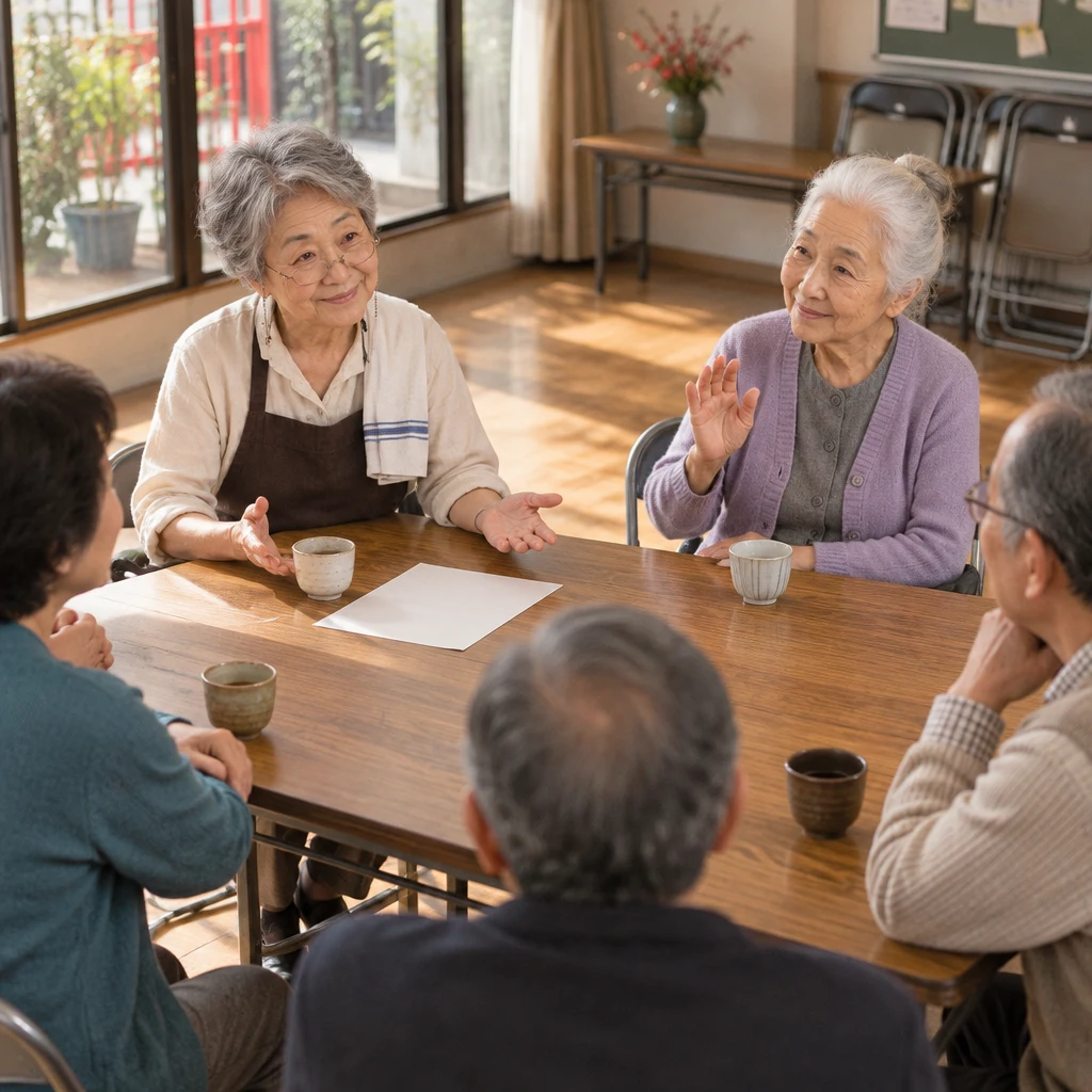 Masako invites other views, and Ono-san raises a hand to contribute.