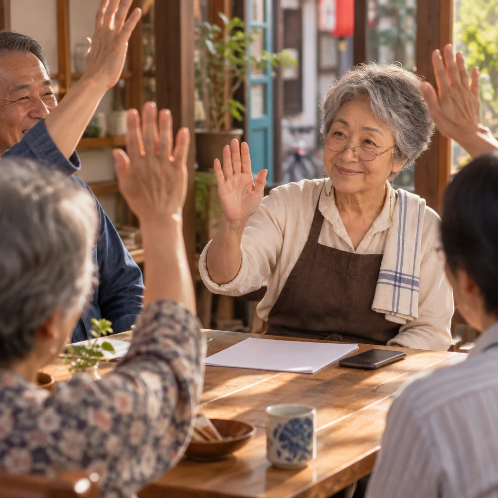 Masako calls for a show of hands as residents vote on the reminder plan.