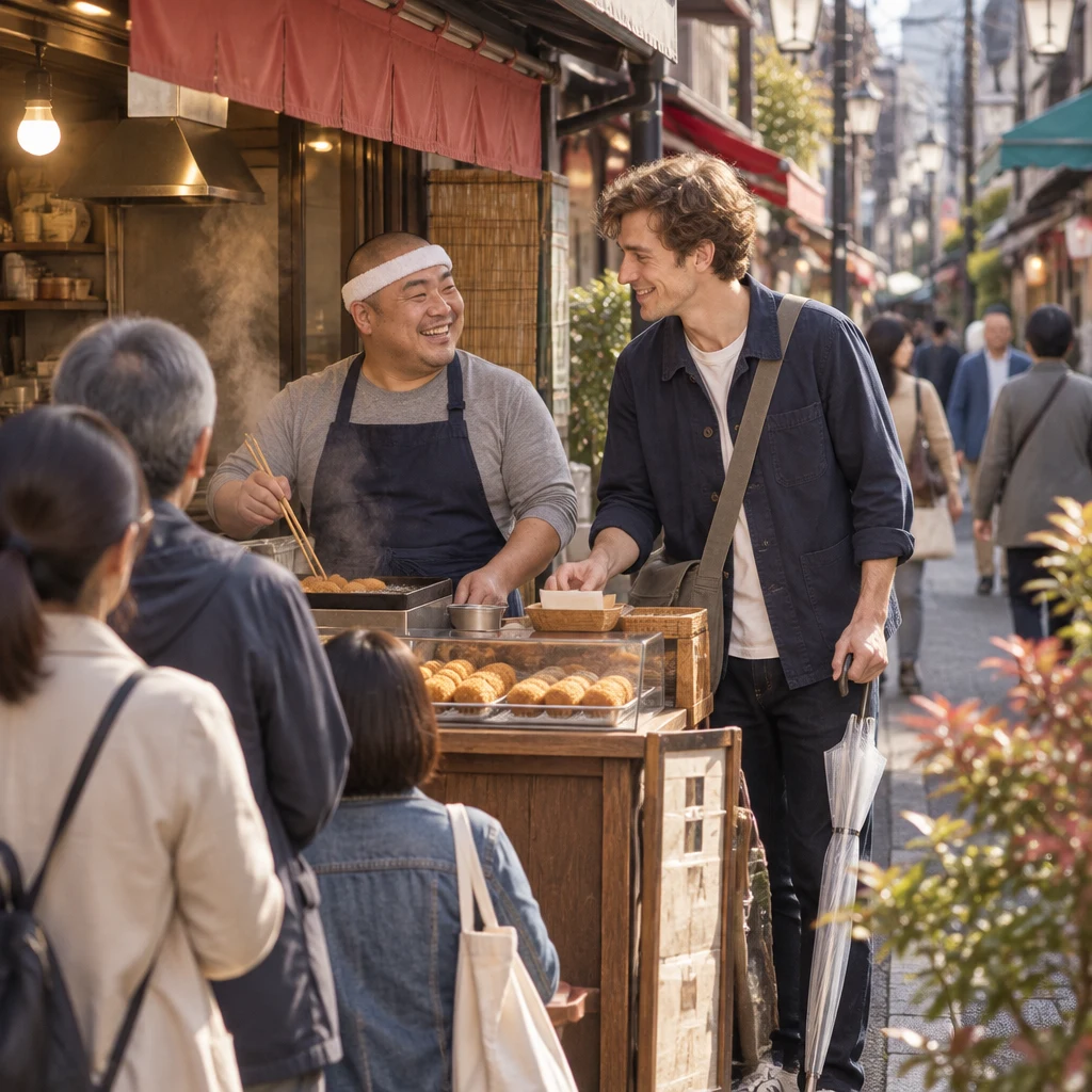 Yanaka Ginza is busy as Kenta tends the fryer and Leo offers to help at the croquette stand.