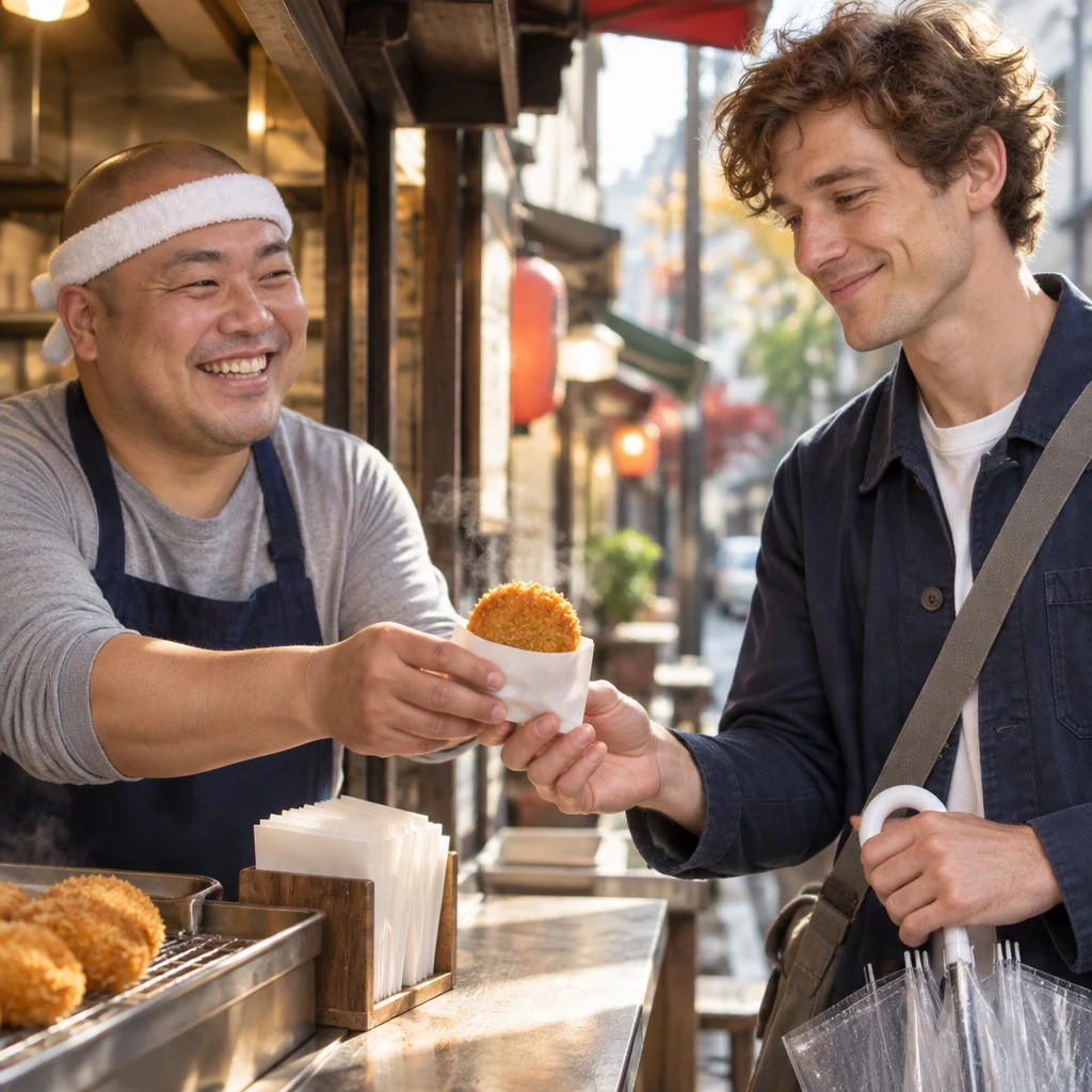 Leo accepts a croquette from Kenta after helping finish the orders.