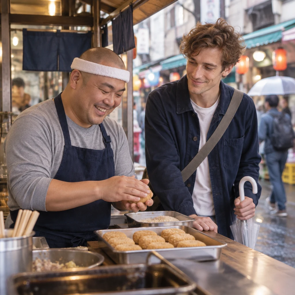 Leo watches Kenta demonstrate the steady technique that makes the croquettes consistent.