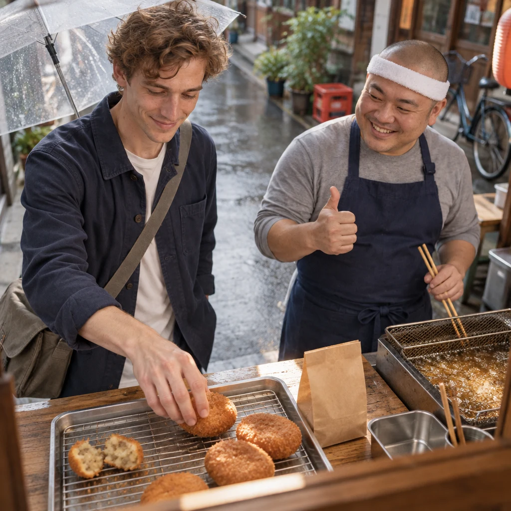 Leo reaches for another croquette after the first one falls apart, determined to continue.