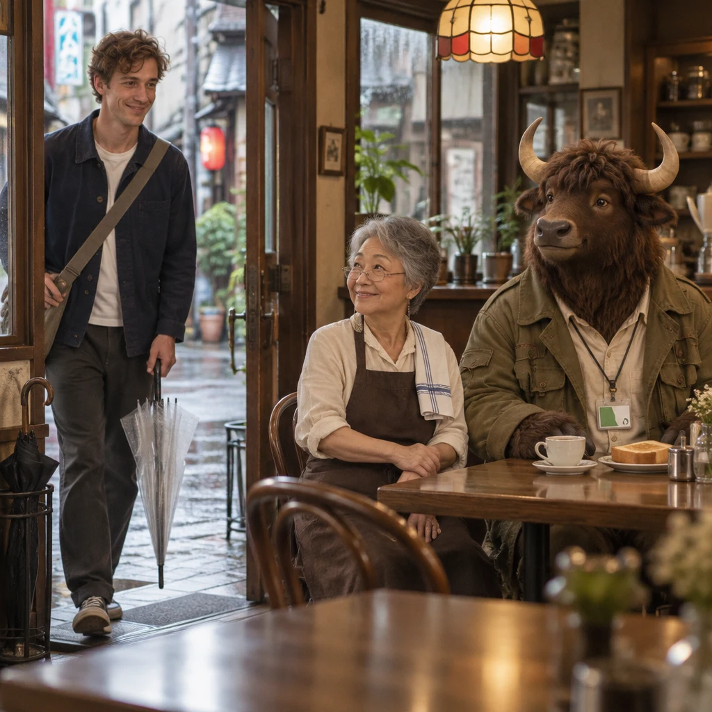 Leo arrives at Kissa Hotaru while Masako and Goro pause over an unsettled neighborhood discussion.