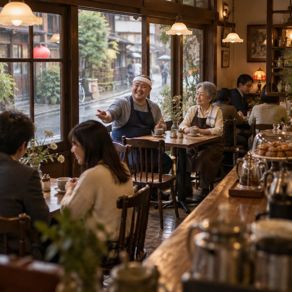 Kenta gestures toward nearby conversations while Masako listens at the window table.