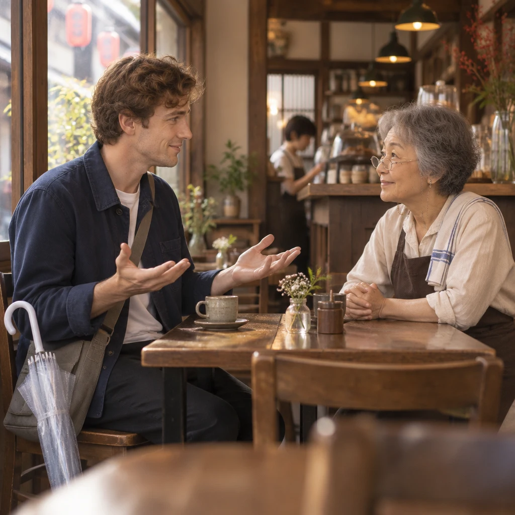Leo holds both hands open evenly while Masako listens to a balanced view.