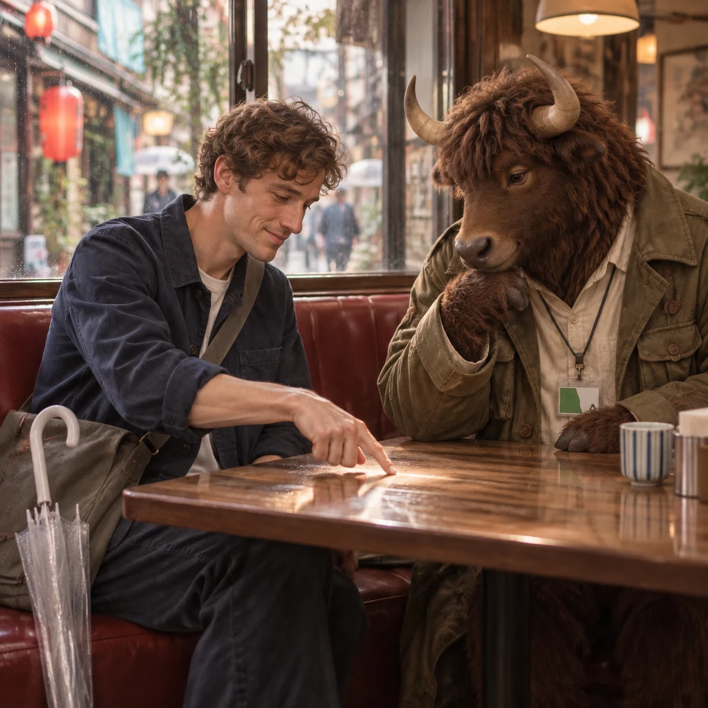 Leo traces a slow path across the table as Goro listens to the trip story.