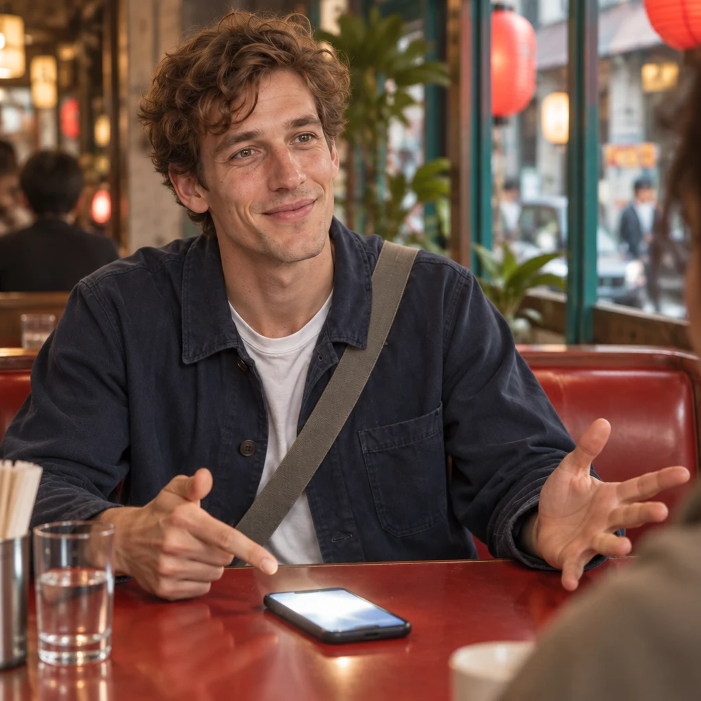 Leo gestures toward his glowing phone and spreads his other hand to illustrate how the story grew.