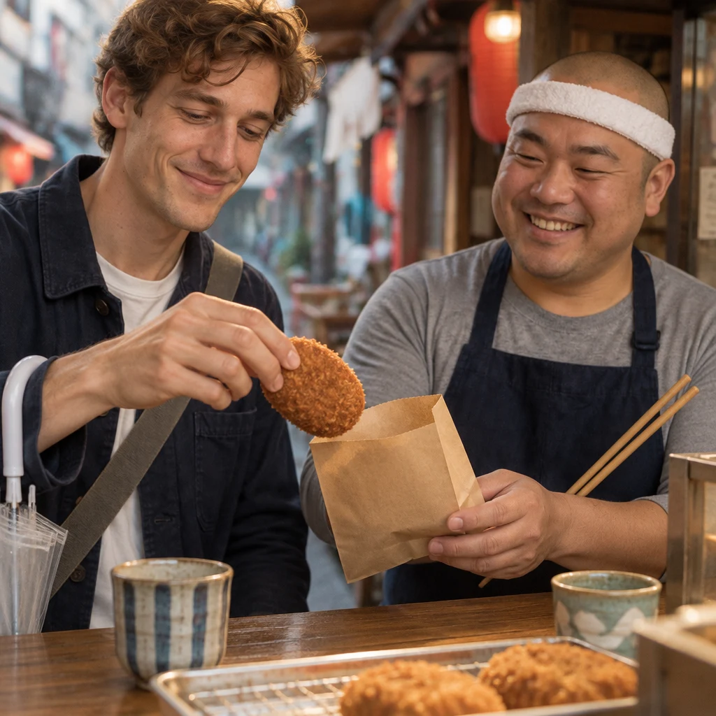 Leo appreciatively lifts one of Kenta's croquettes beside the open paper bag.