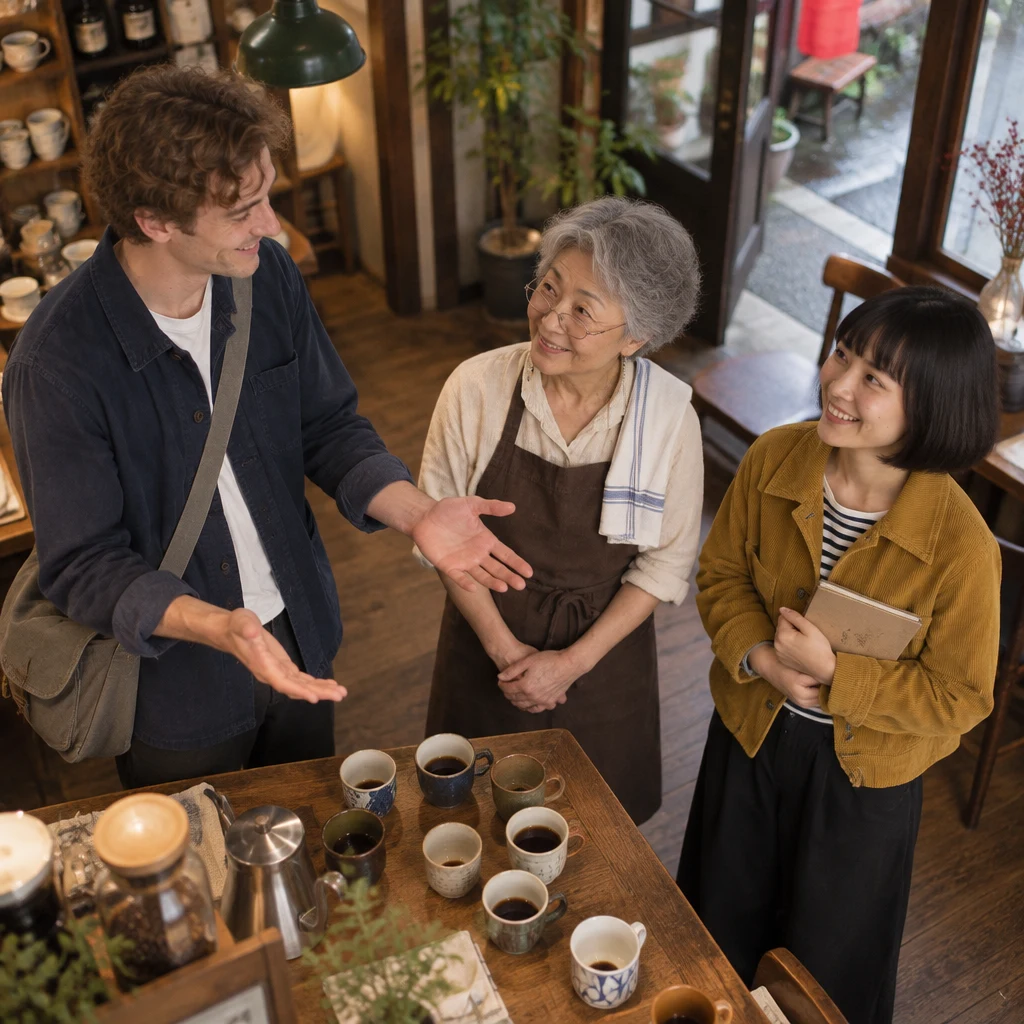 Leo opens both hands toward Masako and Haruka in shared gratitude.