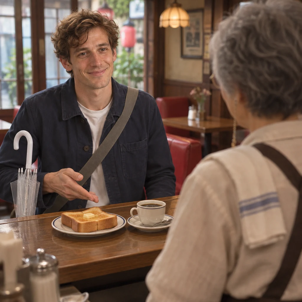 Leo gestures toward the familiar buttered toast and coffee as he places his order with Masako.