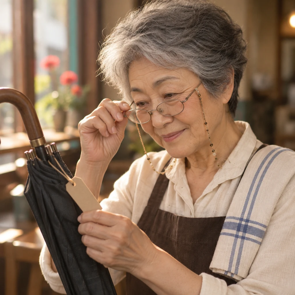 Masako puts on her glasses and studies the umbrella’s faded paper tag.