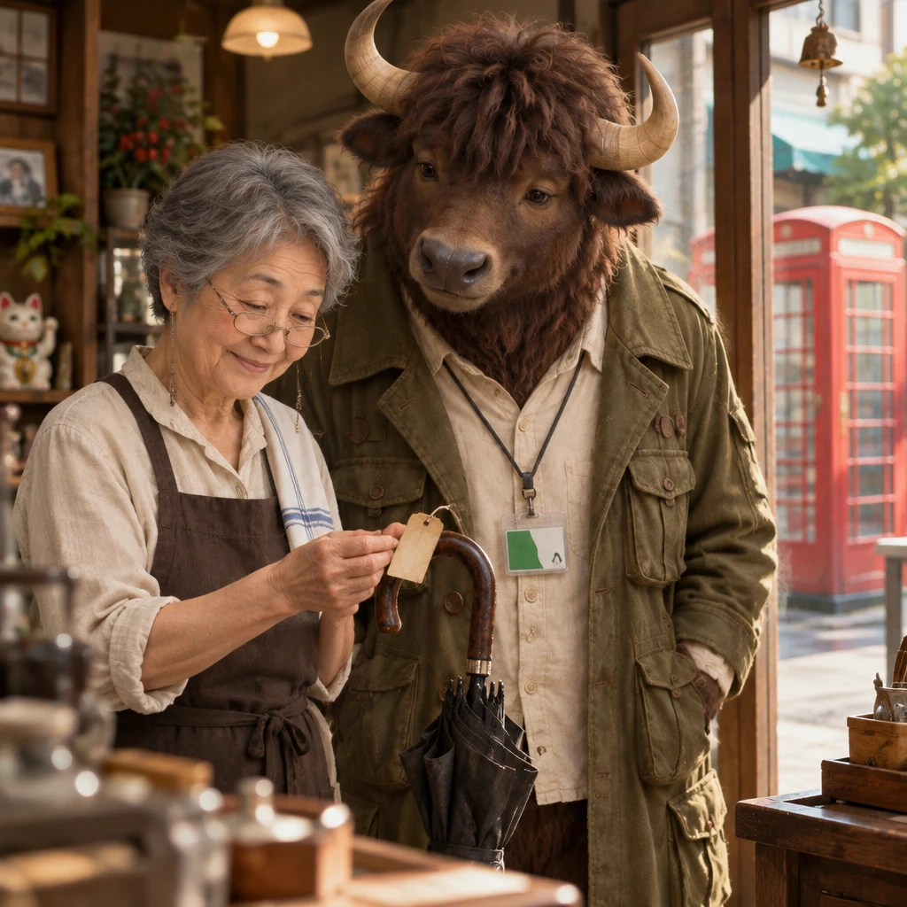 Masako holds the faded tag near Goro as they recognize its connection to the past.