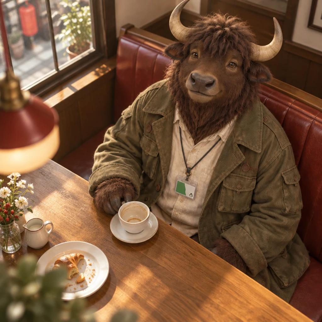 Goro sets his empty coffee cup on its saucer after finishing the last sip.