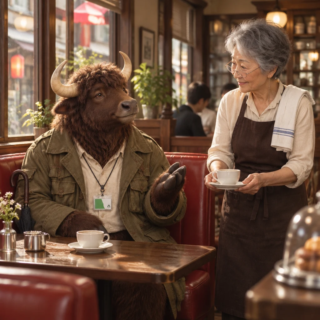 Goro asks for one more cup as Masako brings fresh coffee to the booth.
