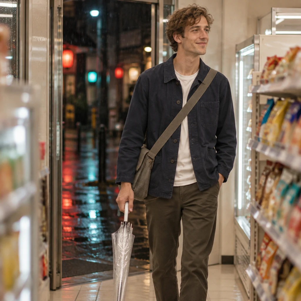 Leo walks past the konbini snack shelves without taking anything.