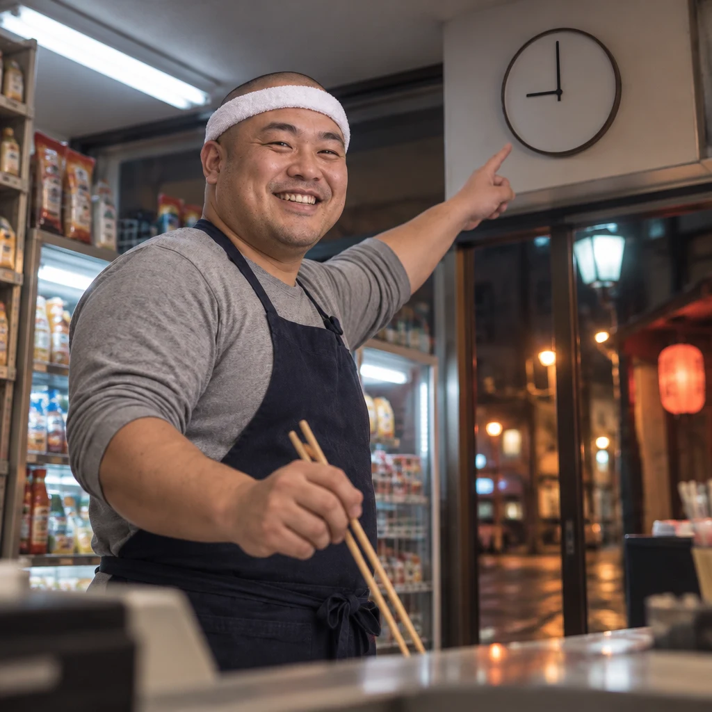 Kenta points up toward the convenience-store clock, whose hands point to nine at night.