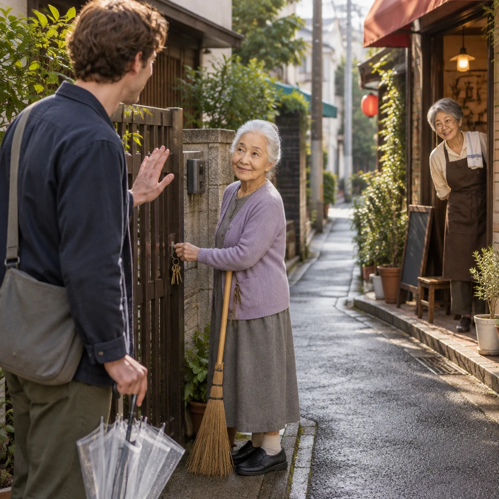 Leo politely raises a hand toward Ono-san while Masako calls across from the open cafe doorway.