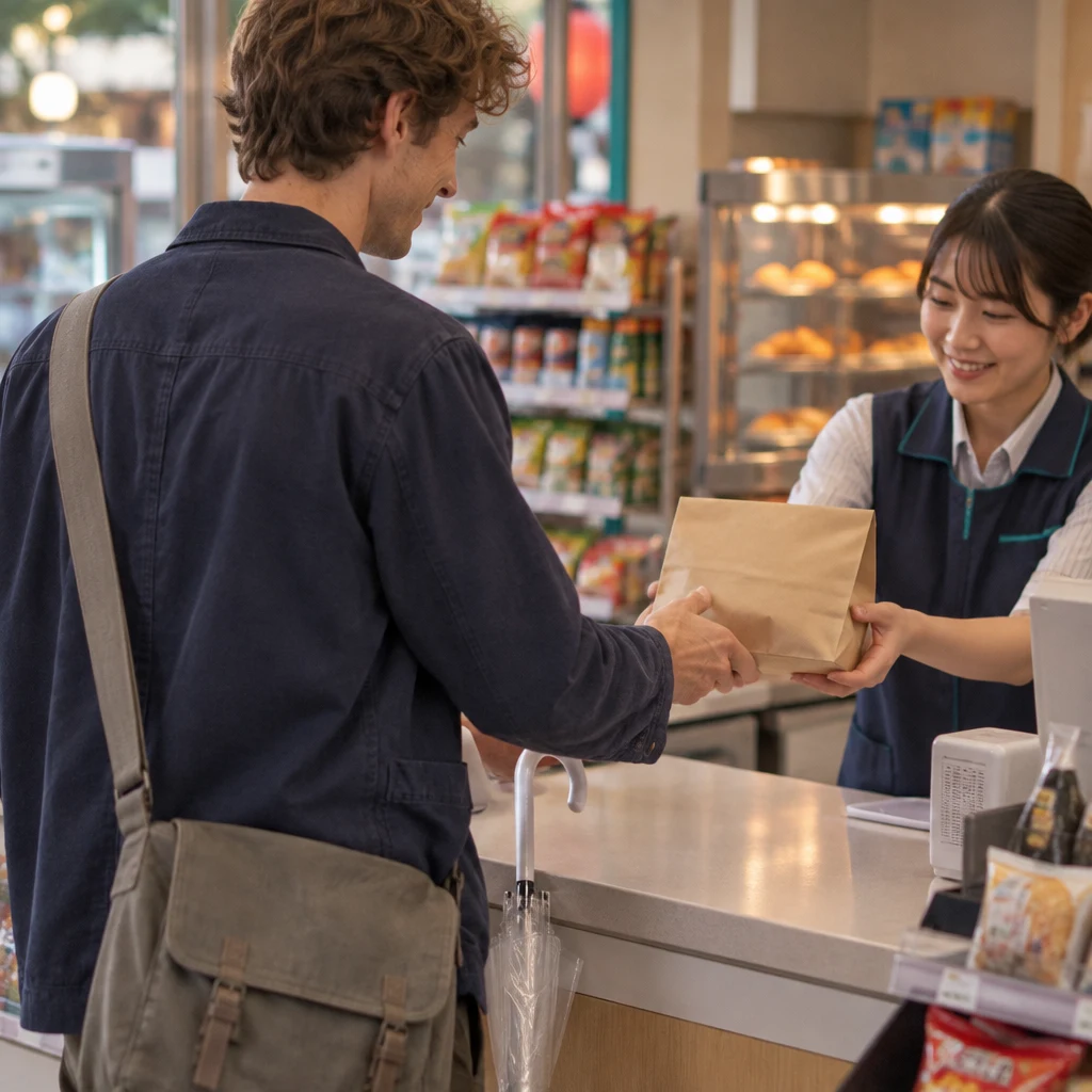 Leo approaches the counter to collect a parcel from the clerk.
