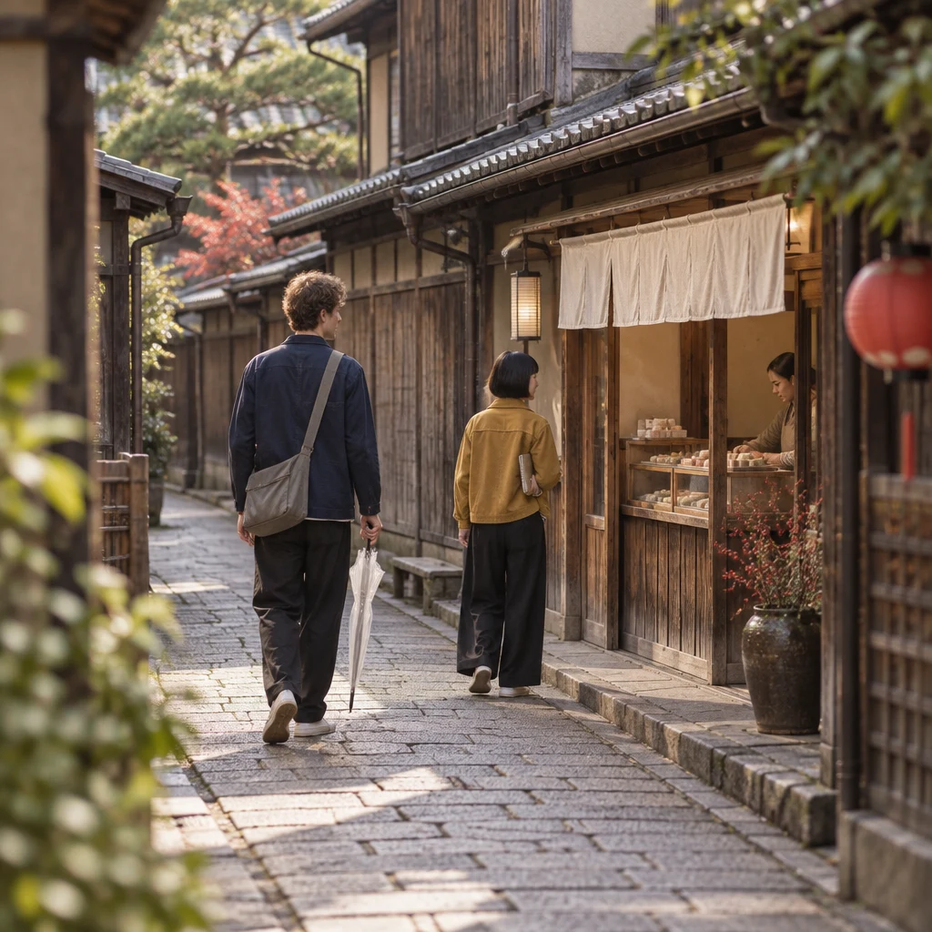 Haruka heads toward a sweet stall on a quiet old Kyoto lane while Leo follows with his bag.
