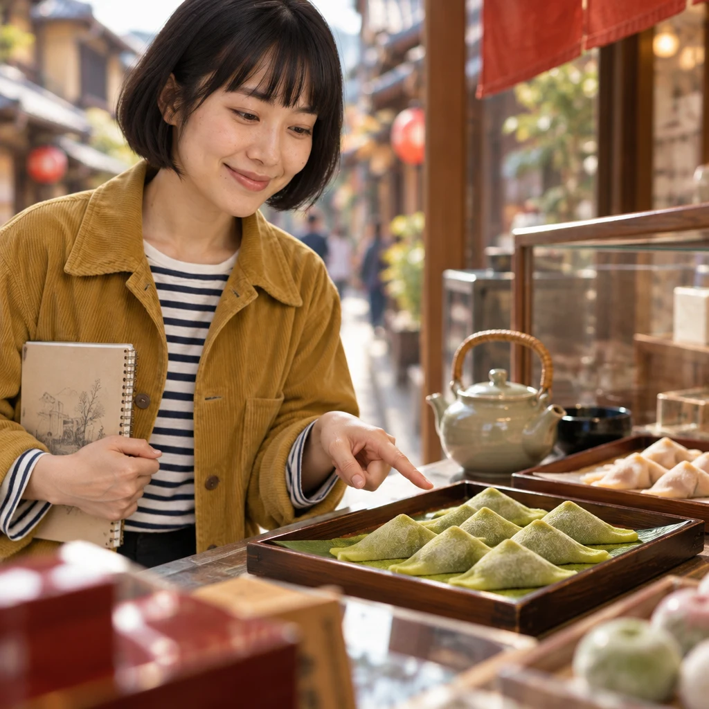 Haruka gestures toward matcha yatsuhashi beside a small teapot.