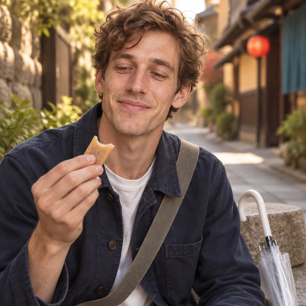 Leo considers a bitten piece of yatsuhashi on the stone bench.